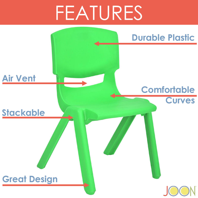 JOON Stackable Plastic Kids Learning Chairs, Green, 20.5x12.75X11 Inches, 2-Pack