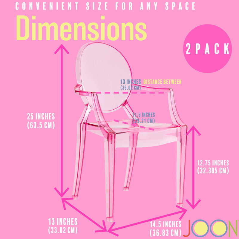 JOON 2 Pack Kids Ghost Chairs with Armrest, 25x13x14.5 Inches, Transparent Pink